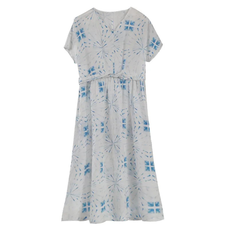 Floral White Women Dresses 100% Linen Dresses With Wait Belt Spring Summer Women Dresses WC961842