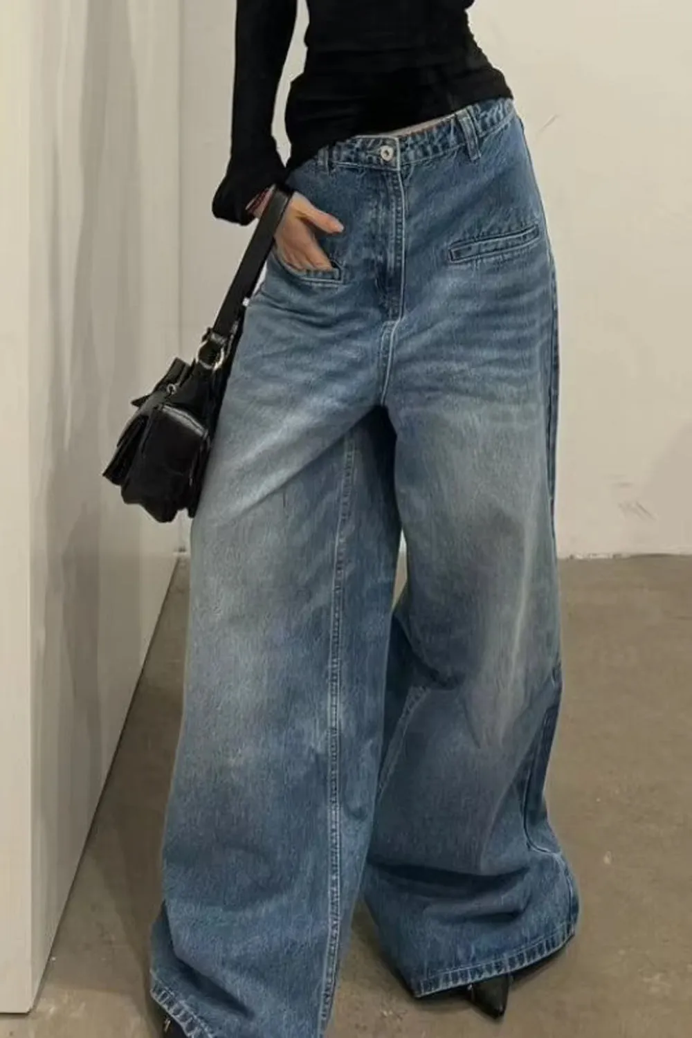 Flytonn-cute winter outfits casual winter outfits christmas outfit party look inspos High Waist Oversized Wide Leg Retro Blue Jeans Pants
