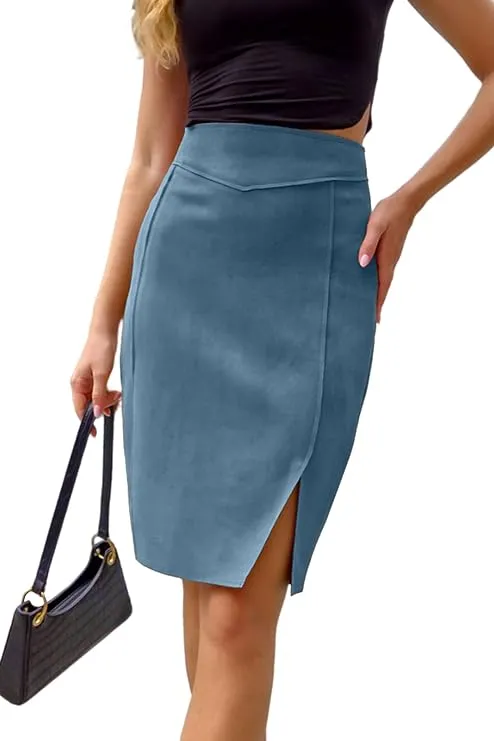 Giolshon Women's Pencil Skirt High Waist Bodycon Faux Suede Side Split Knee Length