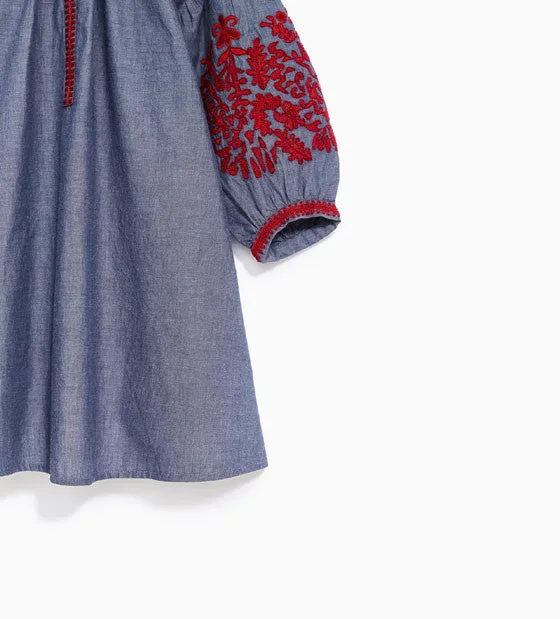 Girls Dress With Embroidered Sleeves