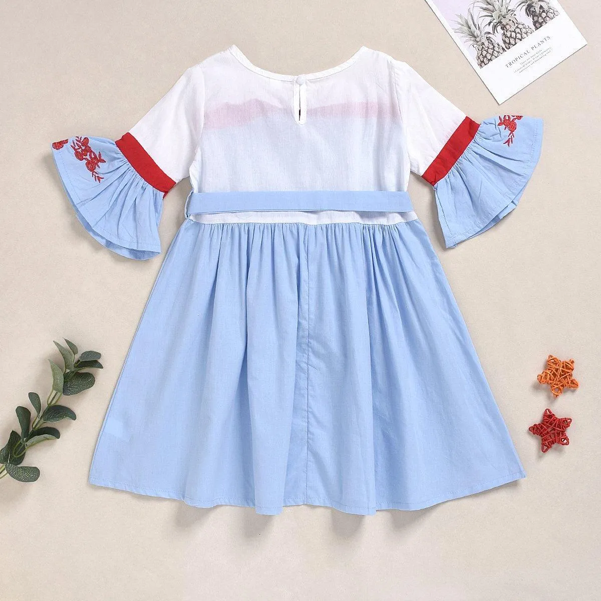 Girl's Light Blue Trumpet Sleeve Dress Embroidered Princess Skirt
