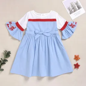 Girl's Light Blue Trumpet Sleeve Dress Embroidered Princess Skirt