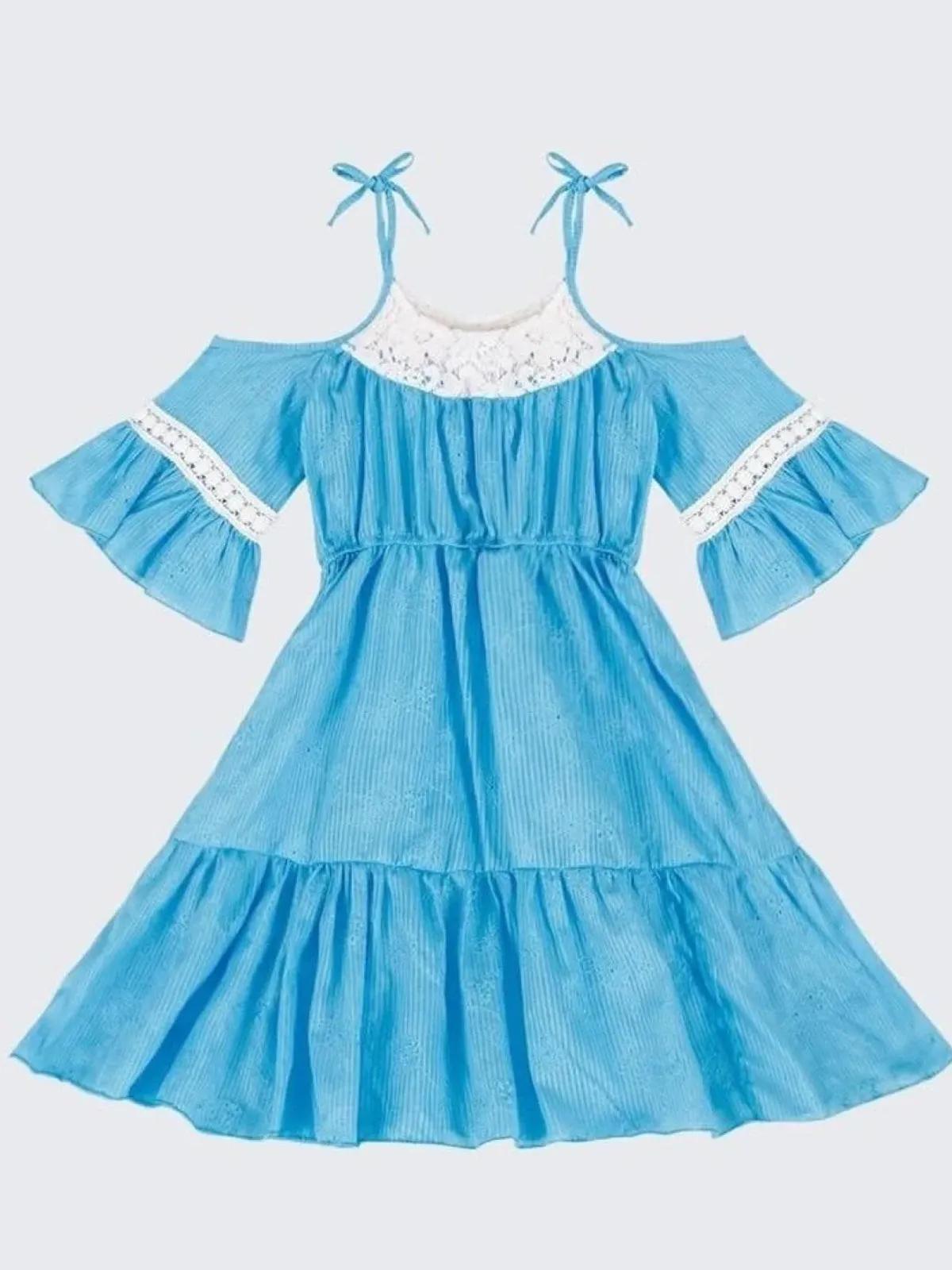 Girls Turquoise Embroidered Cold Shoulder Ruffled Peasant Dress