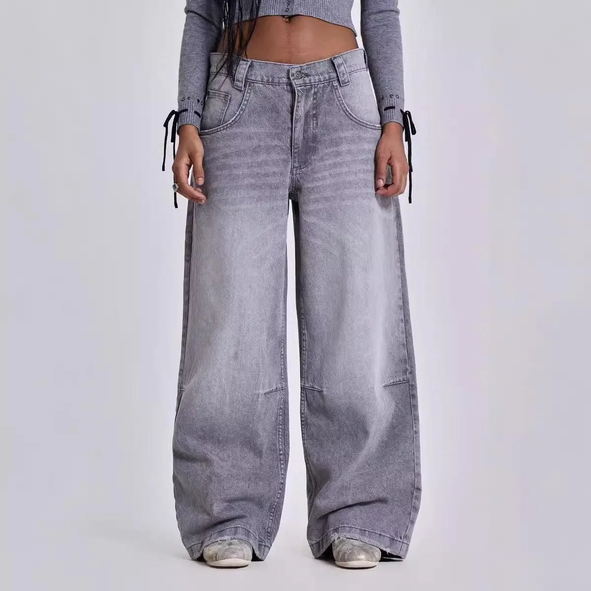 Gray Y2K Washed Distressed Casual Straight-Leg Jeans