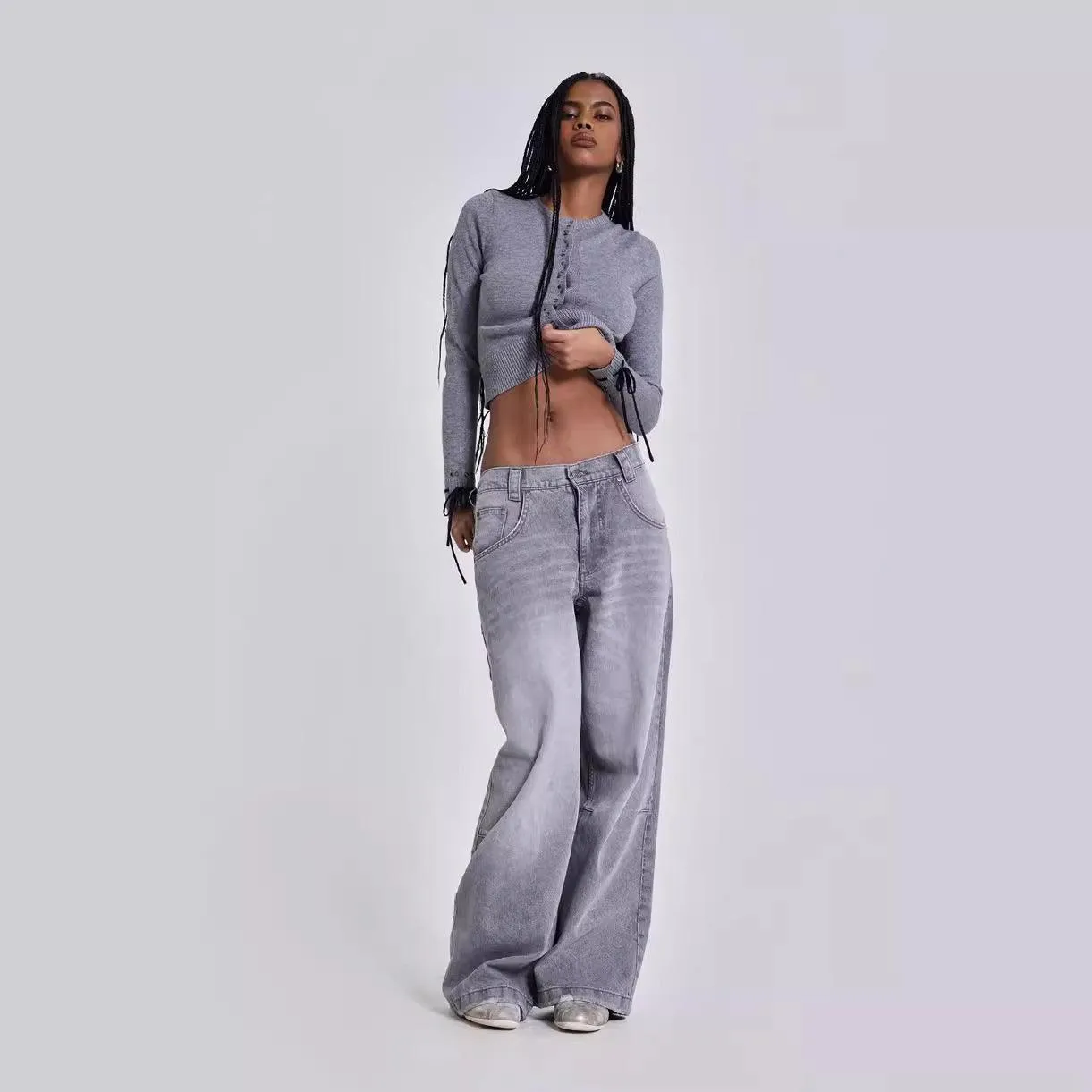 Gray Y2K Washed Distressed Casual Straight-Leg Jeans