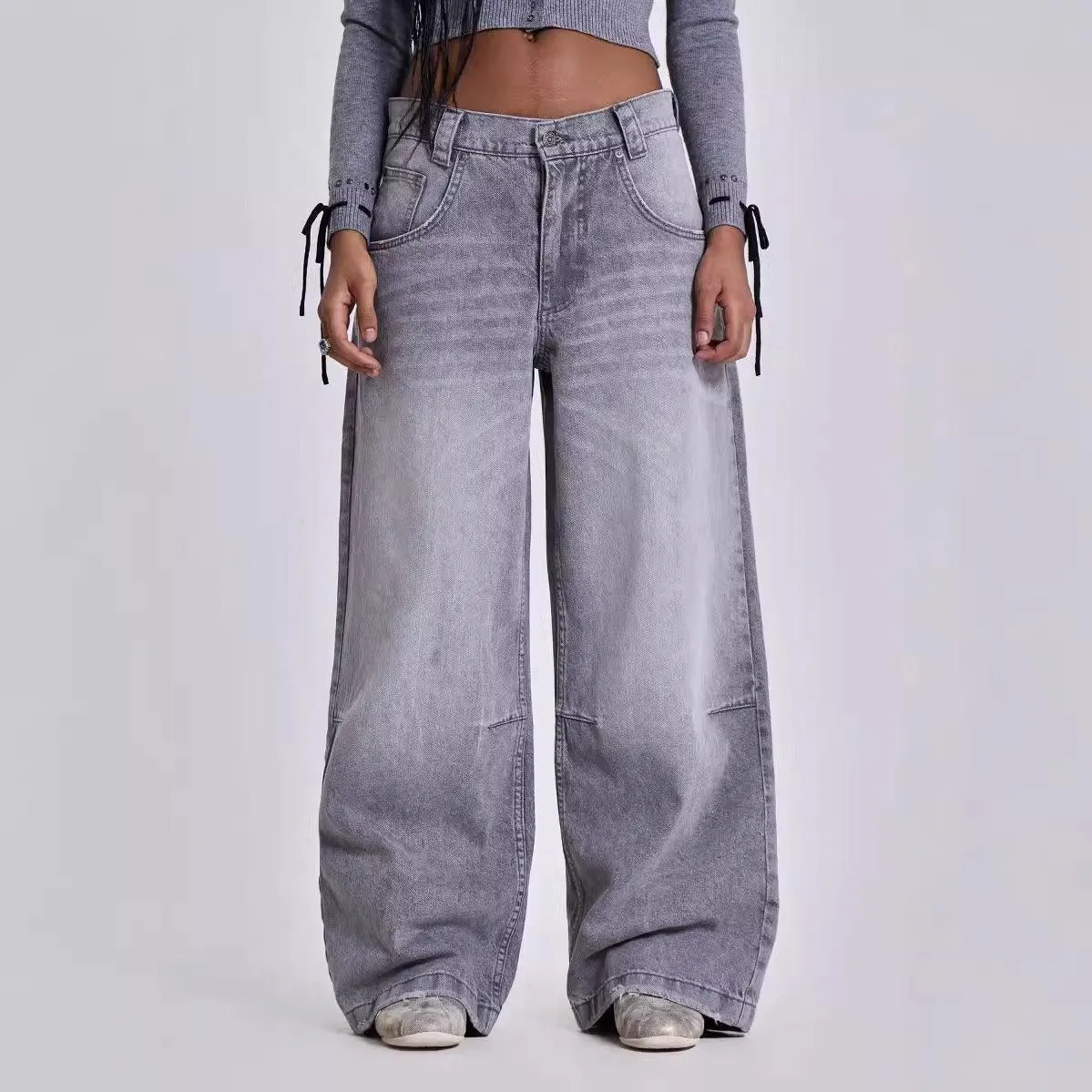 Gray Y2K Washed Distressed Casual Straight-Leg Jeans