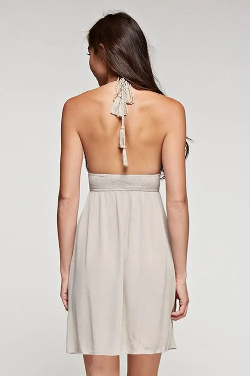 Grey Embroidered Halter Mini Dress