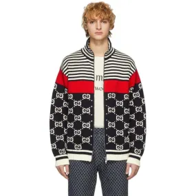 Gucci Navy and Off-White Knit GG Stripe Zip-Up Jacket
