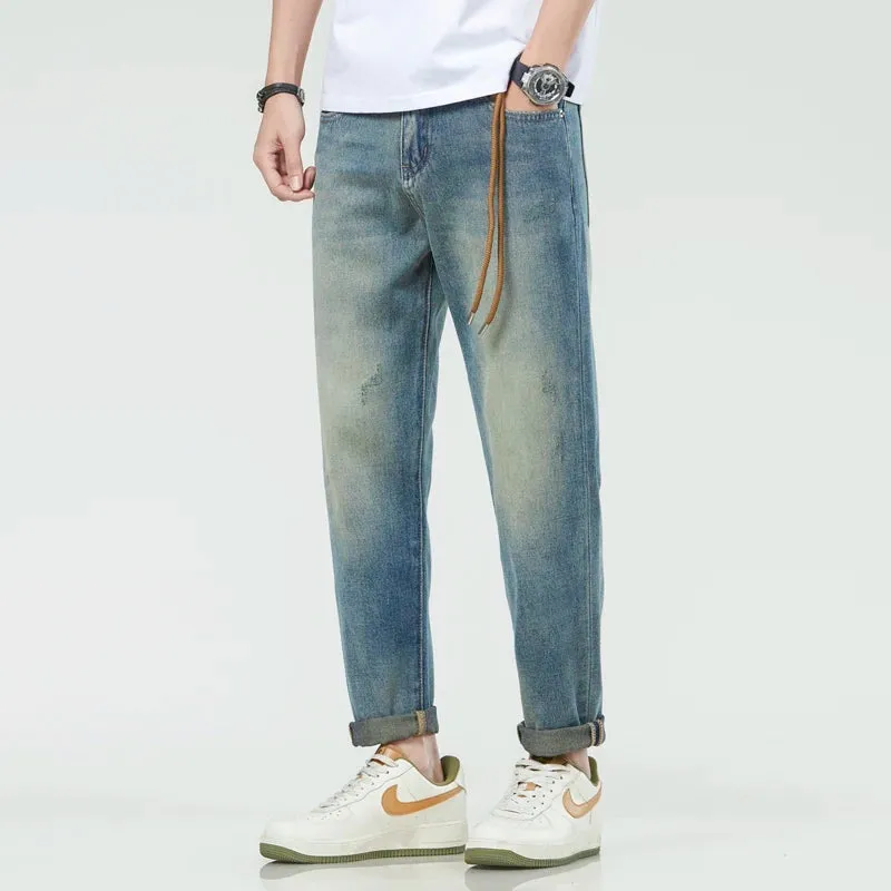 Harem Jeans Men Loose Fit  Men's Cropped Pants Ankle Length Retro Blue Fashion Sashes Designer Tapered High Quality