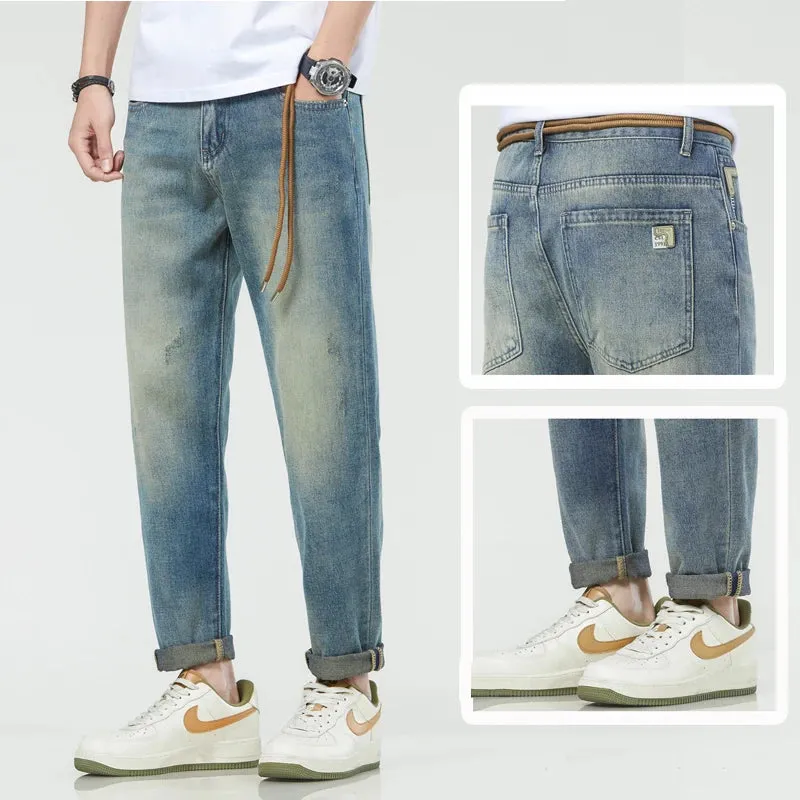 Harem Jeans Men Loose Fit  Men's Cropped Pants Ankle Length Retro Blue Fashion Sashes Designer Tapered High Quality