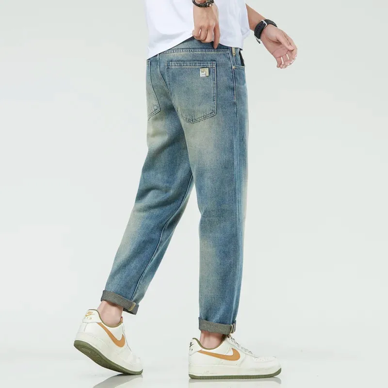 Harem Jeans Men Loose Fit  Men's Cropped Pants Ankle Length Retro Blue Fashion Sashes Designer Tapered High Quality