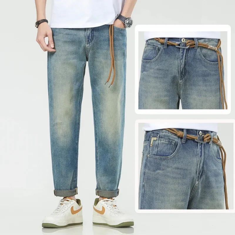 Harem Jeans Men Loose Fit  Men's Cropped Pants Ankle Length Retro Blue Fashion Sashes Designer Tapered High Quality