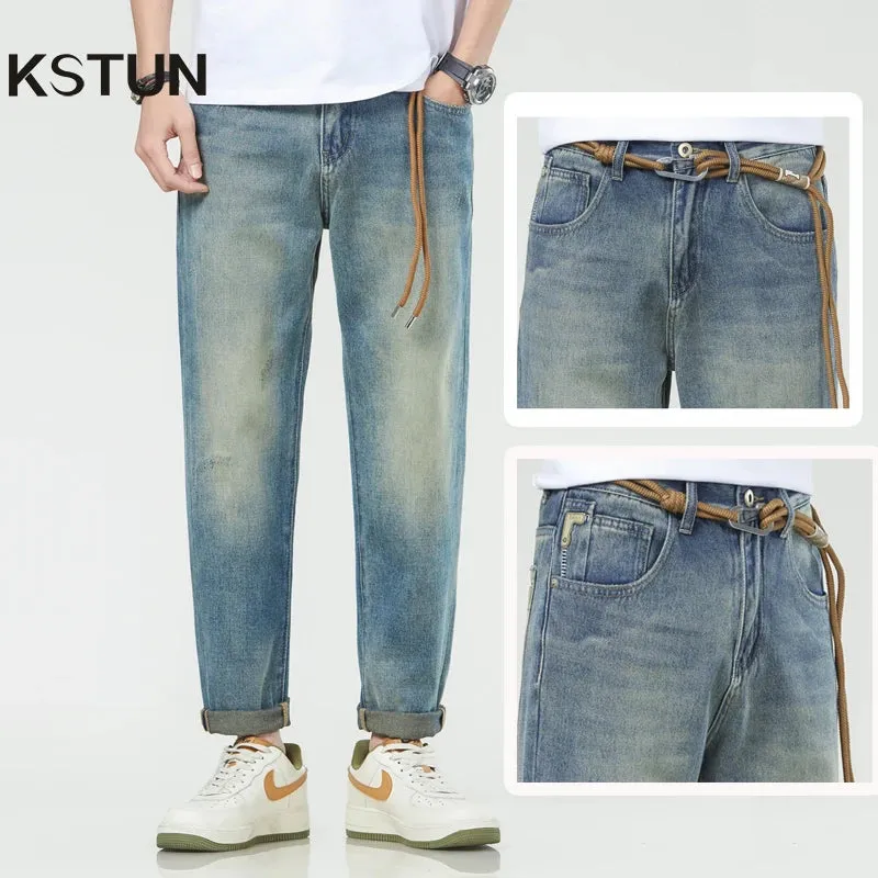 Harem Jeans Men Loose Fit  Men's Cropped Pants Ankle Length Retro Blue Fashion Sashes Designer Tapered High Quality
