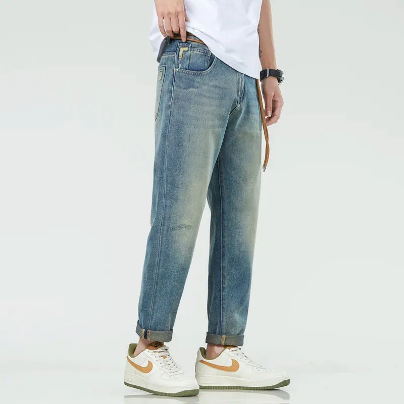 Harem Jeans Men Loose Fit  Men's Cropped Pants Ankle Length Retro Blue Fashion Sashes Designer Tapered High Quality