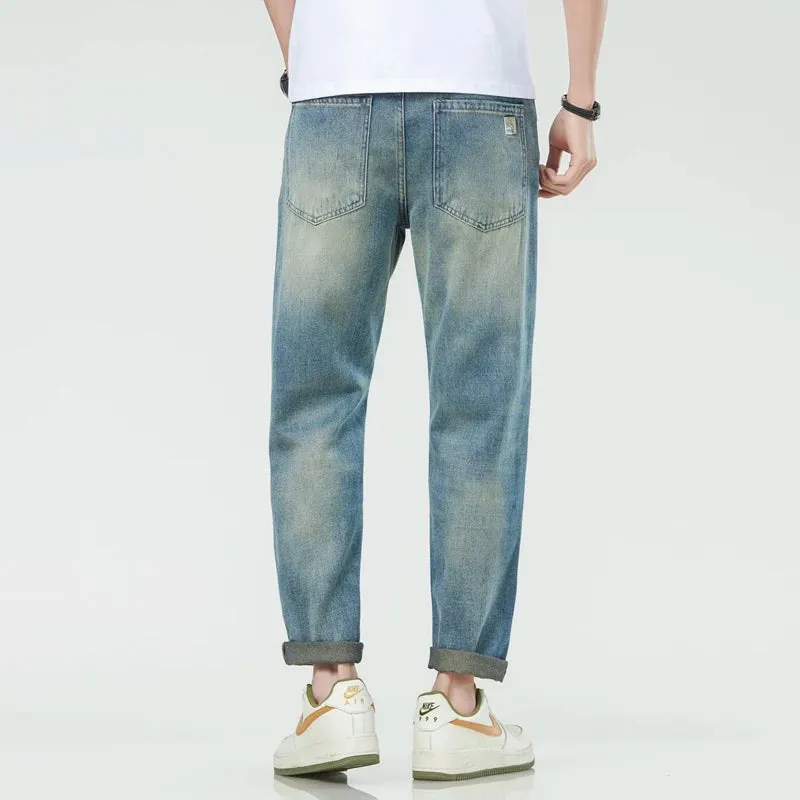 Harem Jeans Men Loose Fit  Men's Cropped Pants Ankle Length Retro Blue Fashion Sashes Designer Tapered High Quality