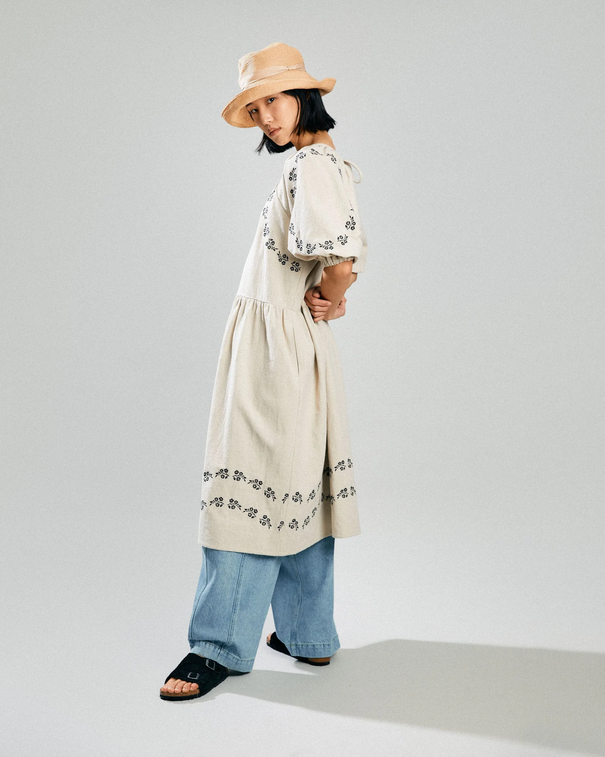 Heather Dress Oat Embroidered