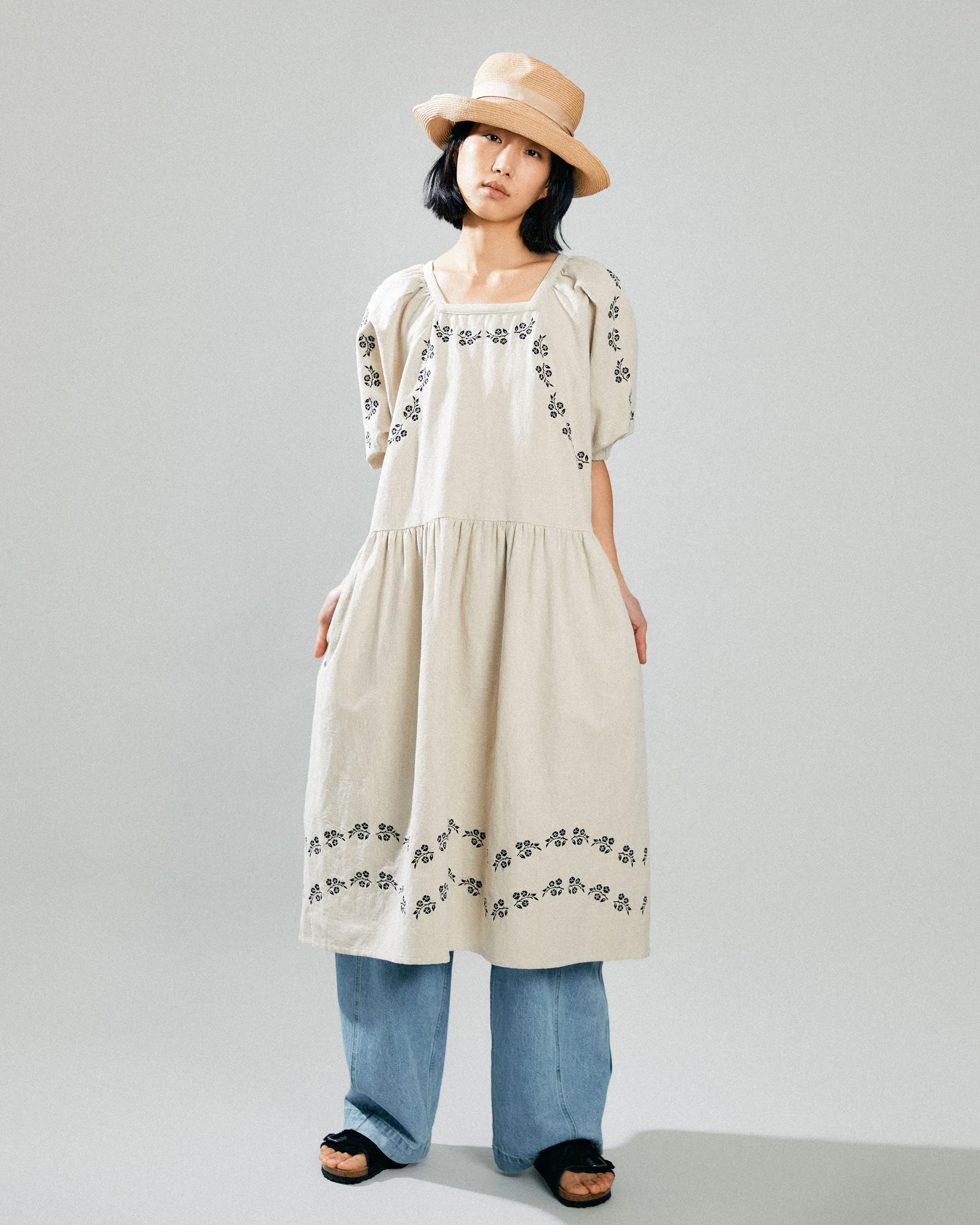 Heather Dress Oat Embroidered