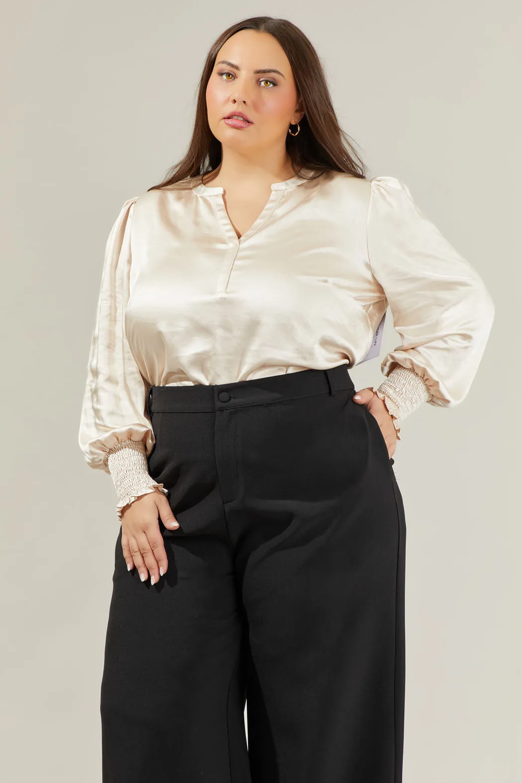 Henley Satin Long Sleeve Blouse Curve