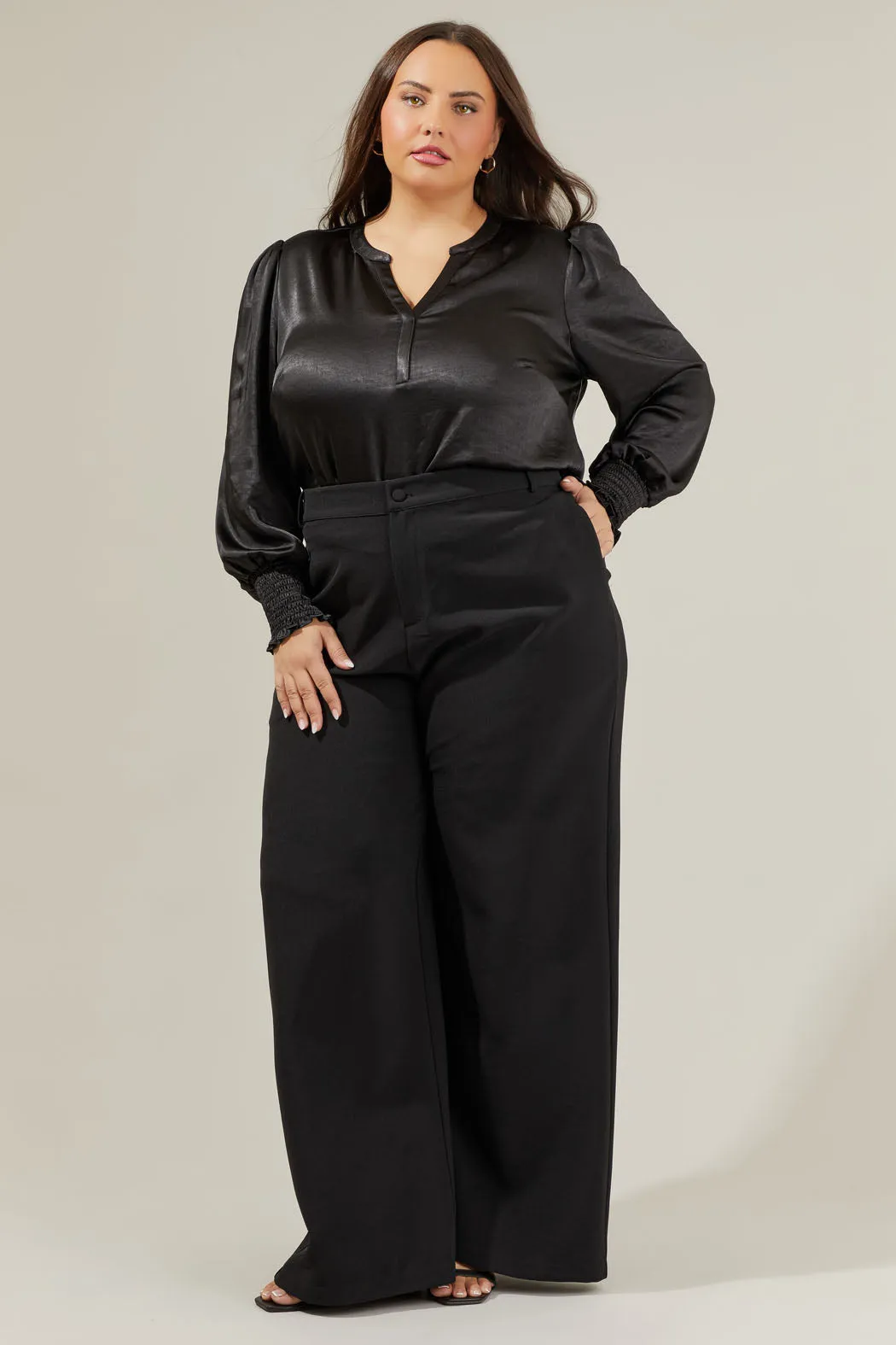 Henley Satin Long Sleeve Blouse Curve