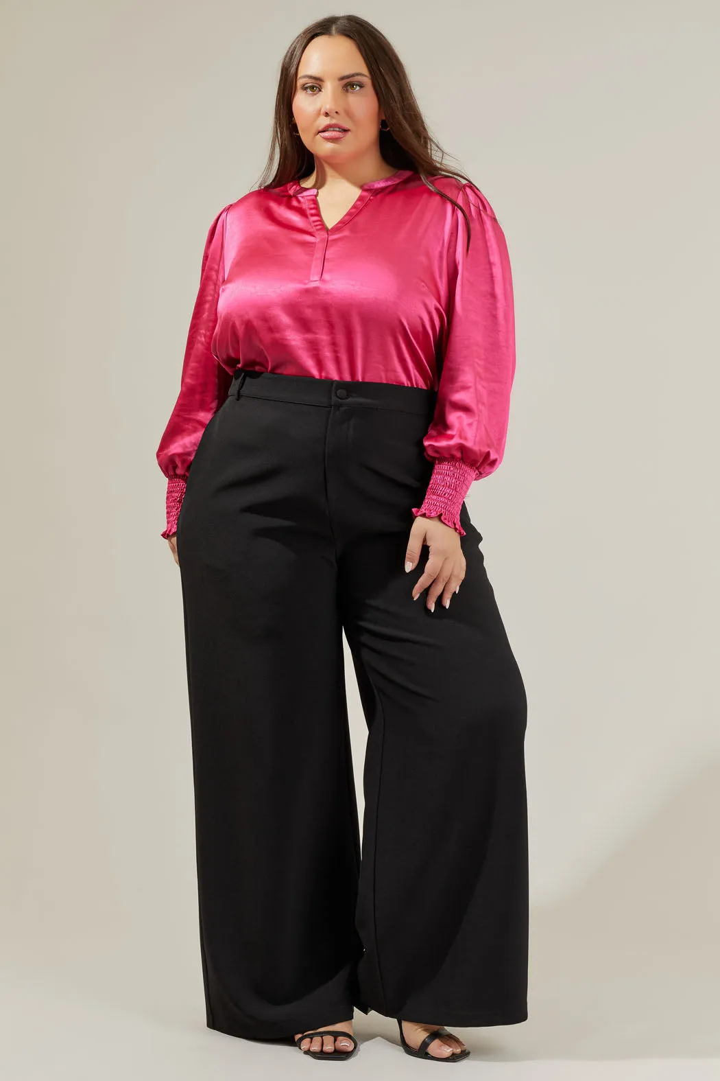 Henley Satin Long Sleeve Blouse Curve
