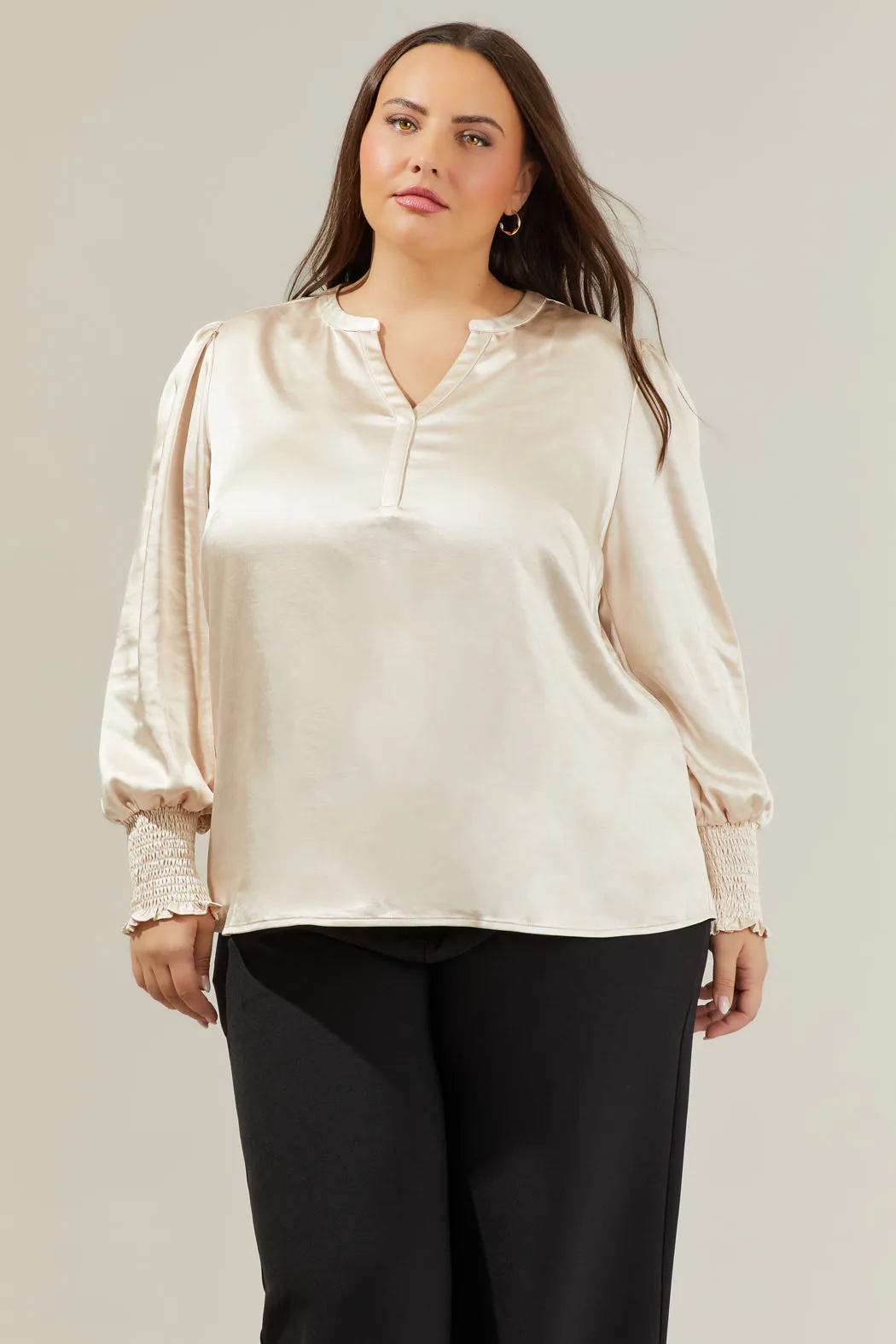 Henley Satin Long Sleeve Blouse Curve