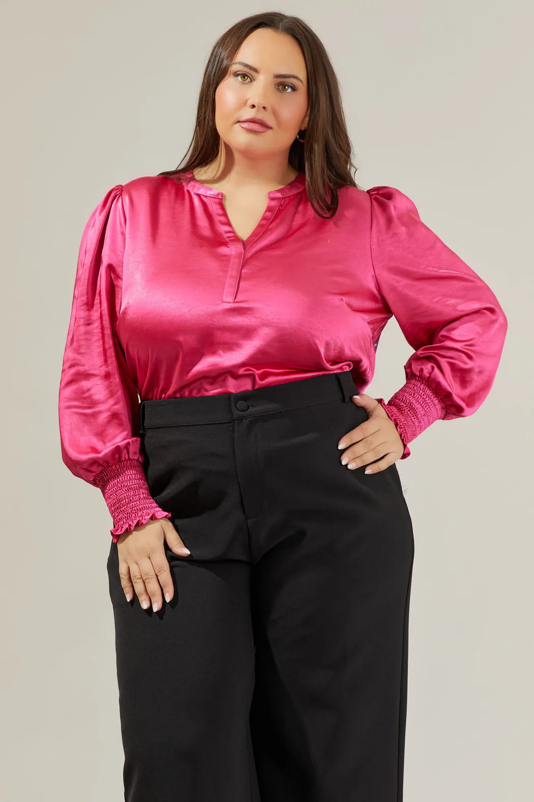Henley Satin Long Sleeve Blouse Curve