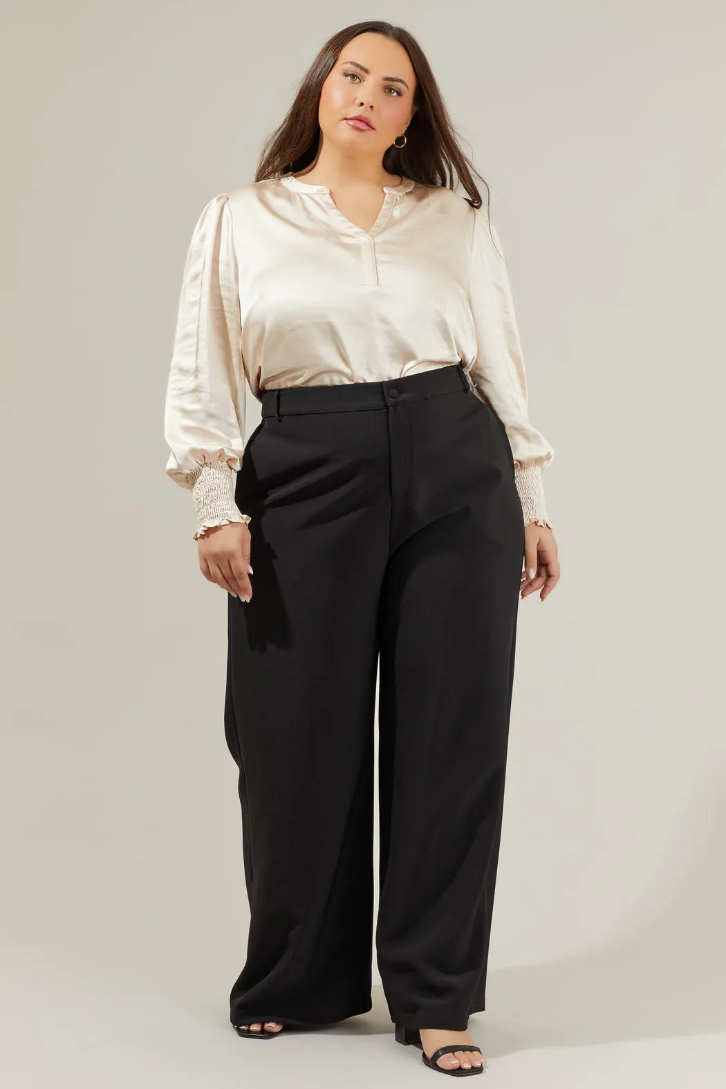 Henley Satin Long Sleeve Blouse Curve