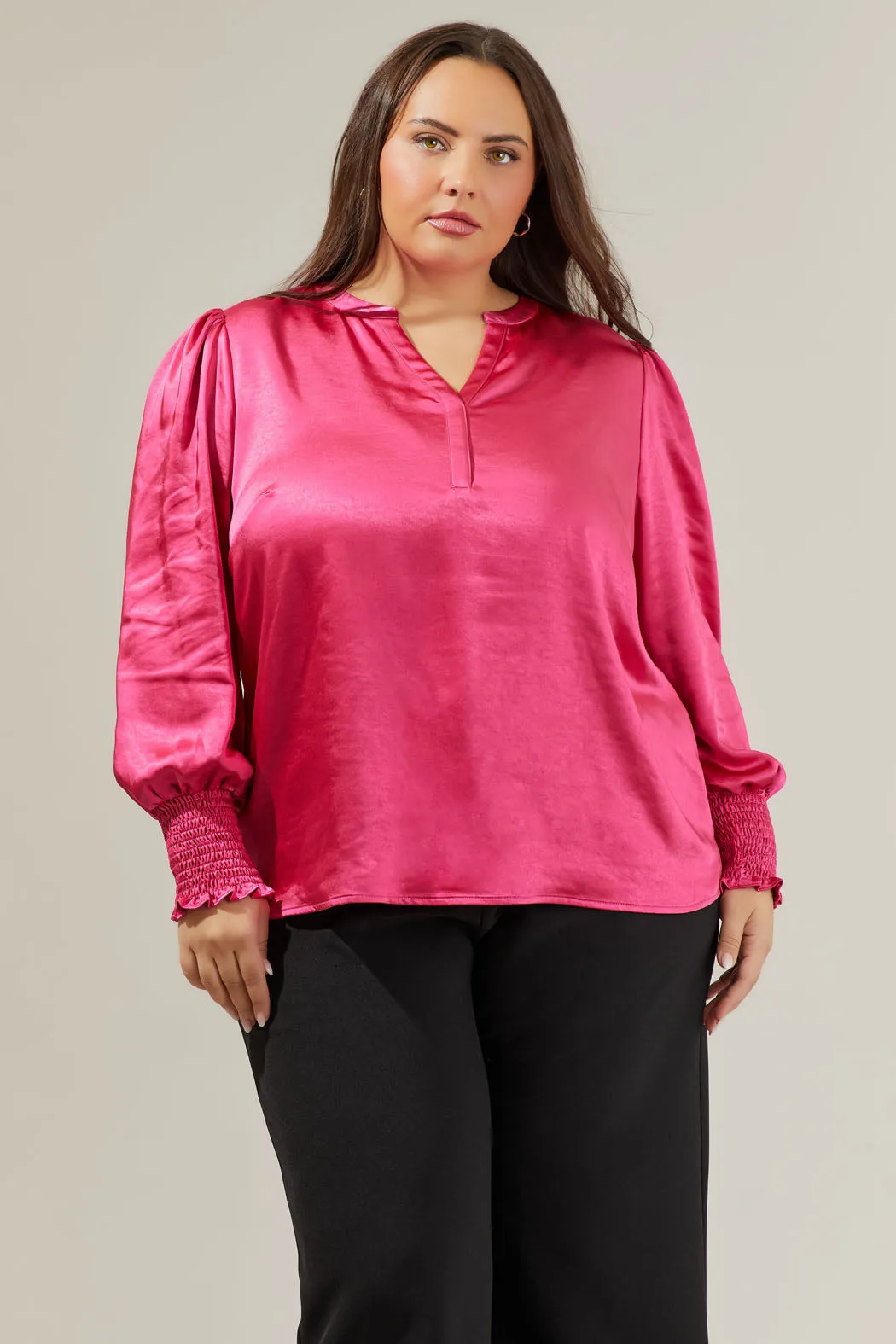 Henley Satin Long Sleeve Blouse Curve