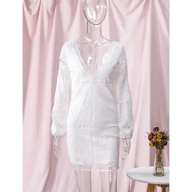 JASTIE Backless White Embroidered Lace Mini Dress