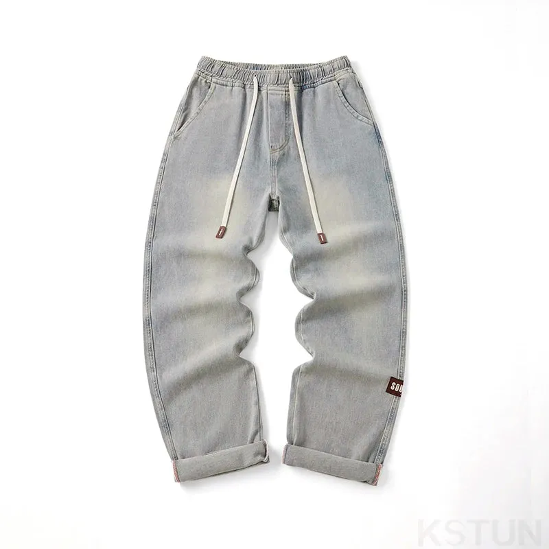 KSTUN Baggy Jeans Men Loose Fit Wide Leg Pants Casual Strawstring Male Denim Pants Retro Blue Men'Clothing Vintage Elastic Waist