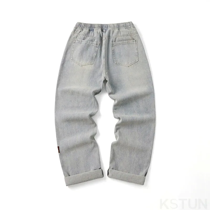 KSTUN Baggy Jeans Men Loose Fit Wide Leg Pants Casual Strawstring Male Denim Pants Retro Blue Men'Clothing Vintage Elastic Waist