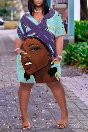 Light Blue Fashion Casual Print Basic V Neck Short Sleeve Dress
