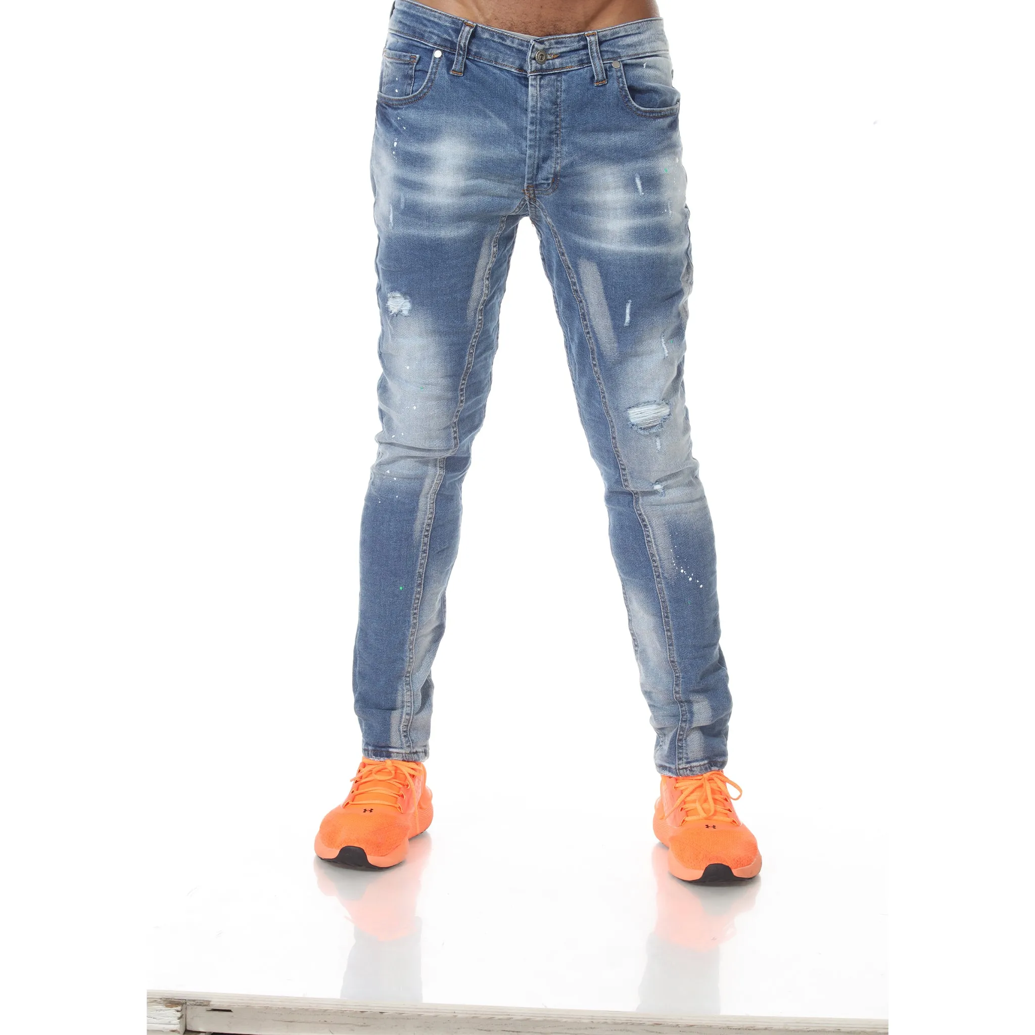 Light Blue Washed Fashion Jeans With Distress & Piping