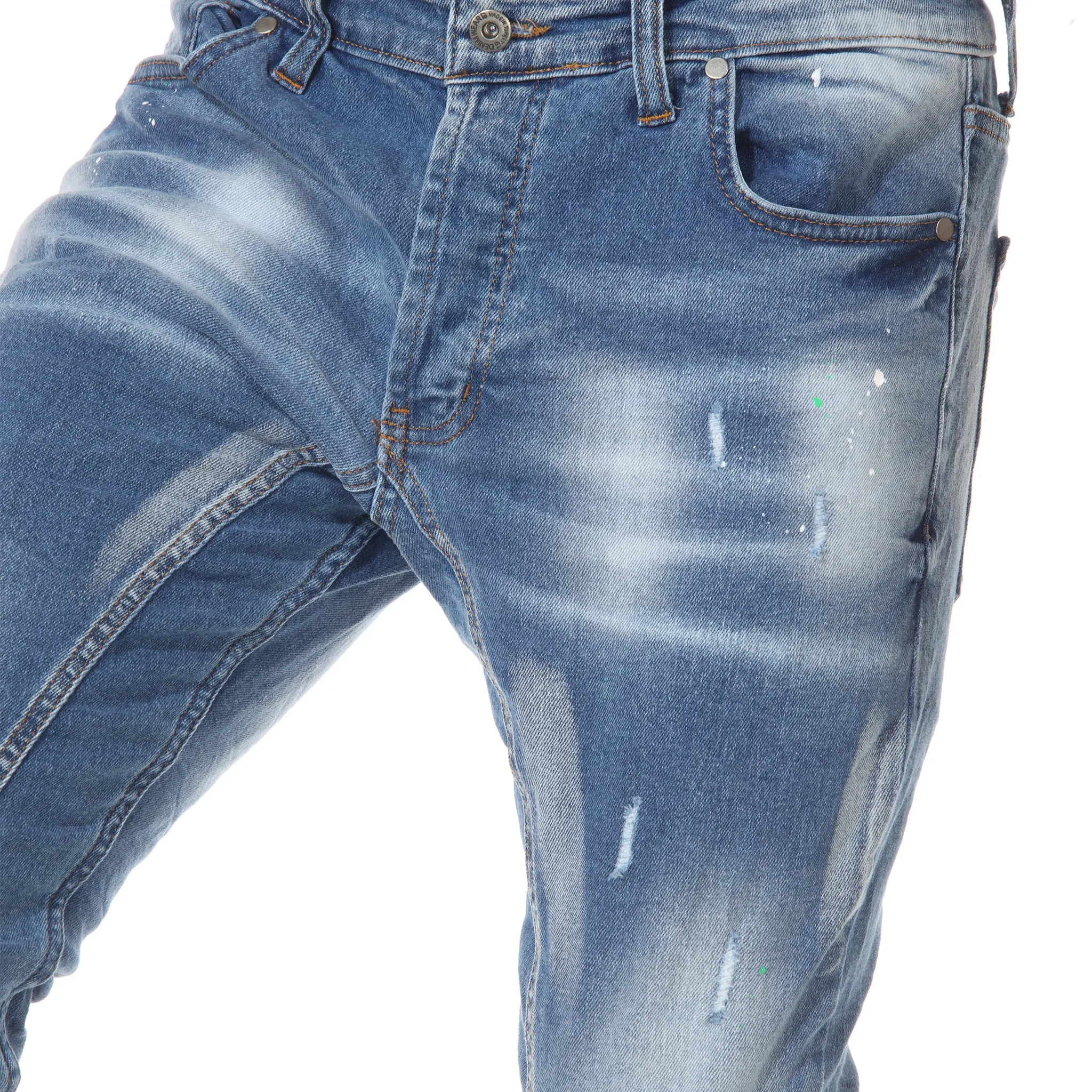Light Blue Washed Fashion Jeans With Distress & Piping