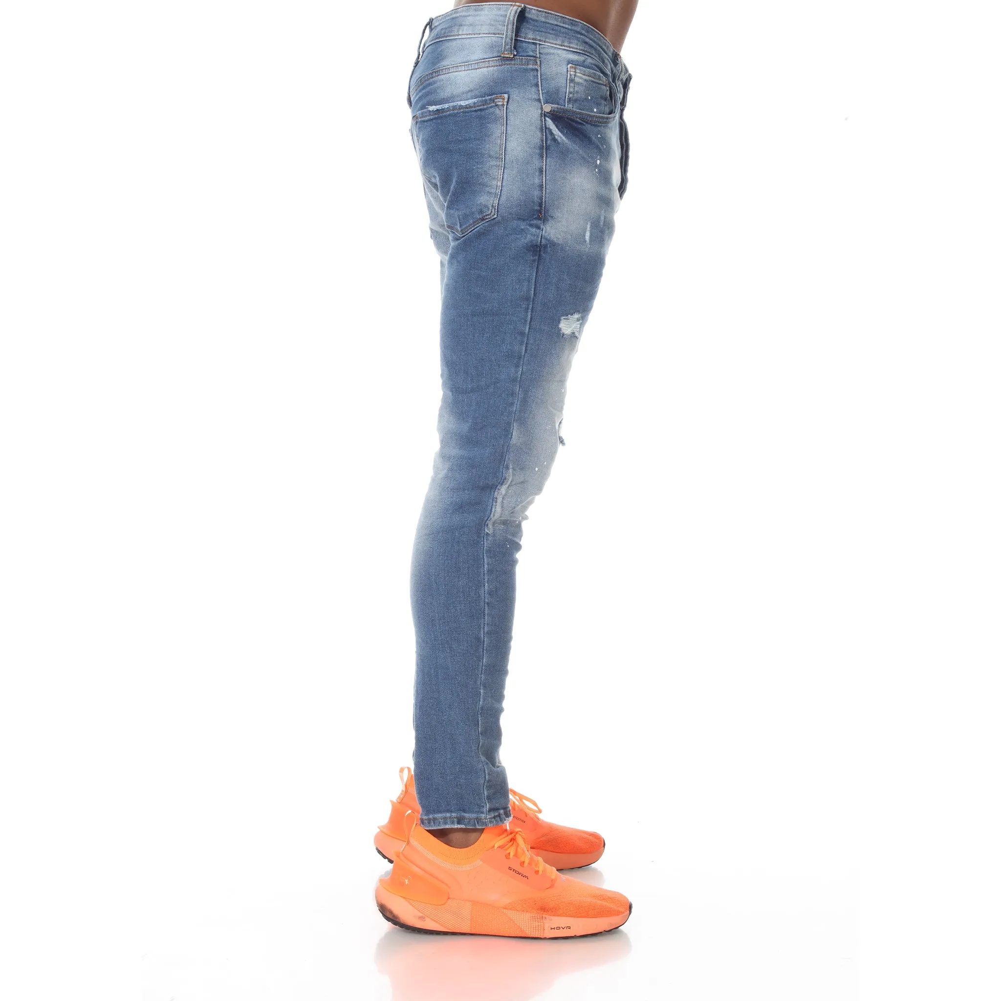 Light Blue Washed Fashion Jeans With Distress & Piping