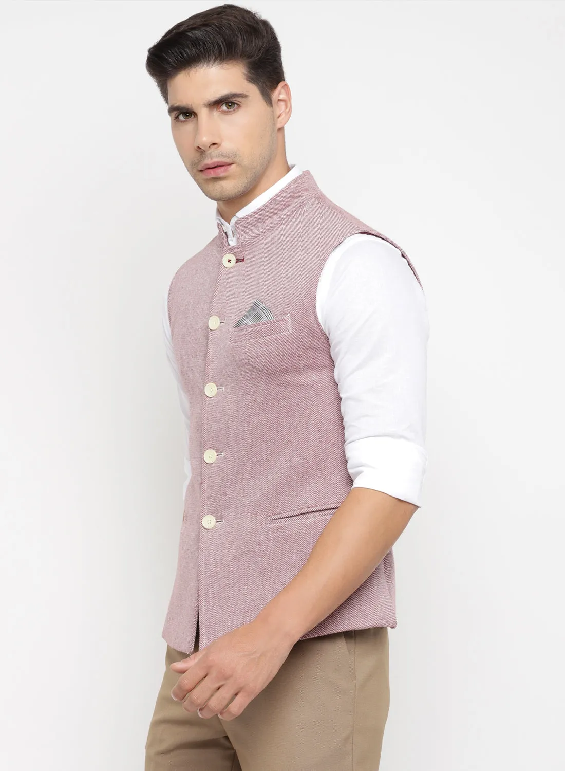 Light Maroon Knit Solid Nehru Jacket
