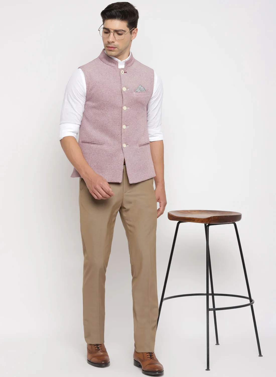 Light Maroon Knit Solid Nehru Jacket