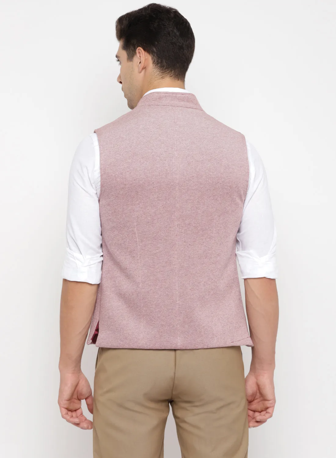 Light Maroon Knit Solid Nehru Jacket