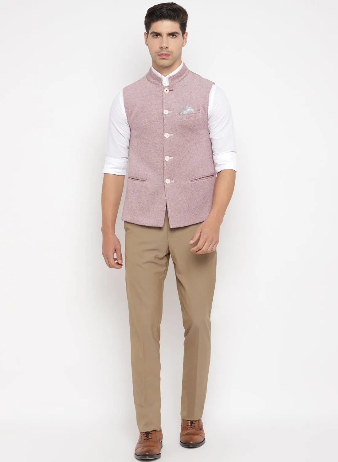 Light Maroon Knit Solid Nehru Jacket