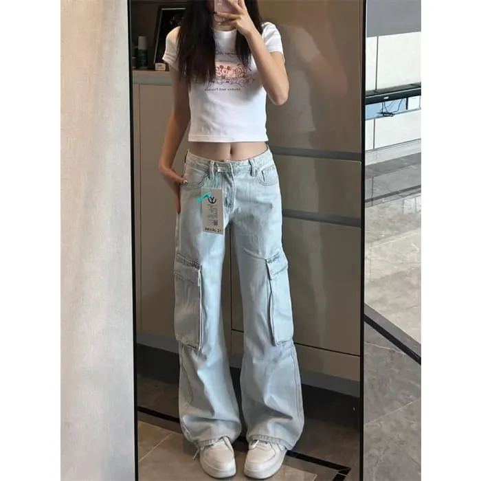Low Rise Washed Wide Leg Cargo Jeans