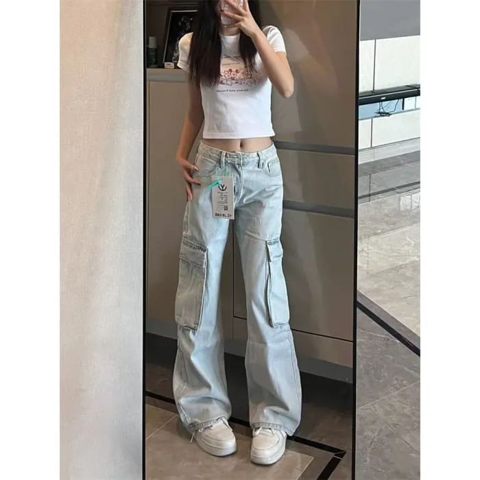 Low Rise Washed Wide Leg Cargo Jeans