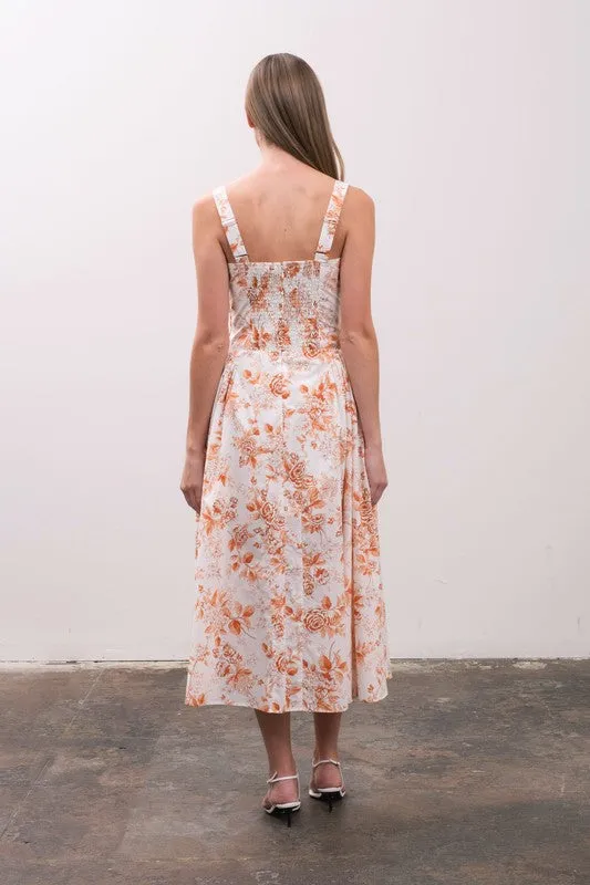 Maggie Sleeveless Corset Floral Print Midi Dress Ivory