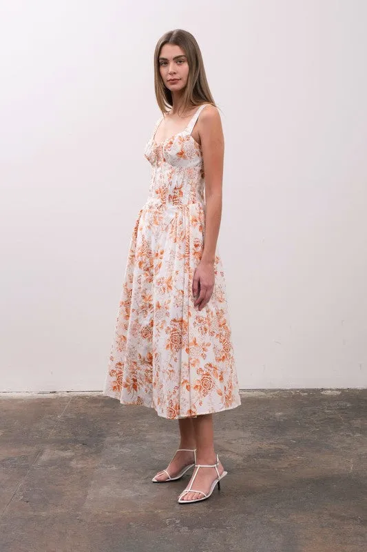 Maggie Sleeveless Corset Floral Print Midi Dress Ivory