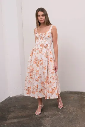 Maggie Sleeveless Corset Floral Print Midi Dress Ivory