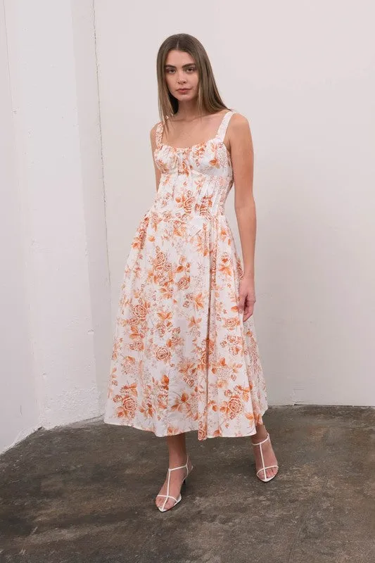 Maggie Sleeveless Corset Floral Print Midi Dress Ivory