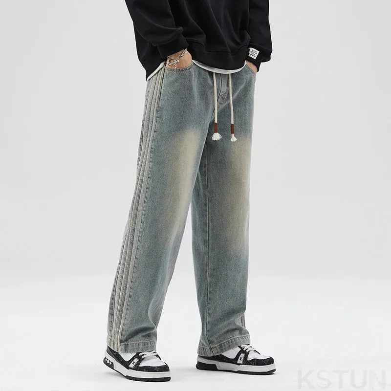 Mens Baggy Pants Jeans Loose Fit Wide Leg Denim Pants Retro Blue Black Elastic Waist Side Striped Students Cowboys Male Trousers