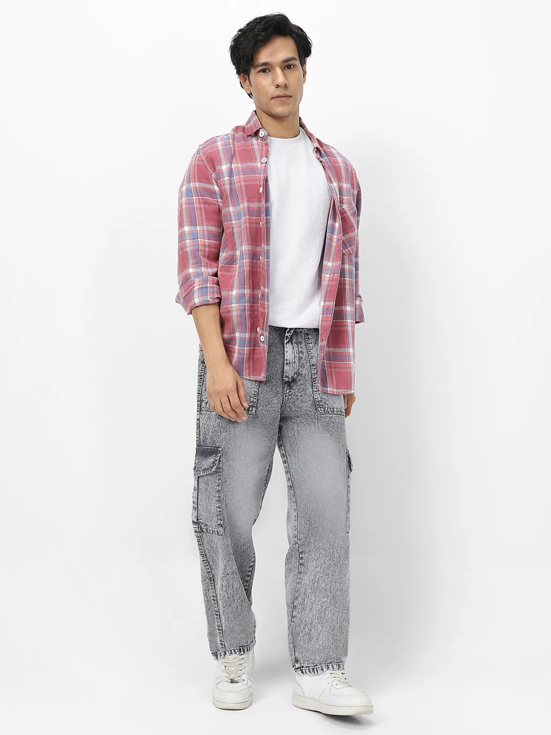 Men's Ice Grey Loose Fit Cargo Jeans With 6 Pockets Non Stretchable
