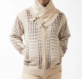 Mens SilverSilk Creamy Tan Beige Shawl Collar Buckle Detail Full Zip Knit Jacket 81021