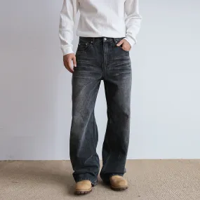 Men's Straight Retro Black Washed Jeans – Classic Cotton Trousers
