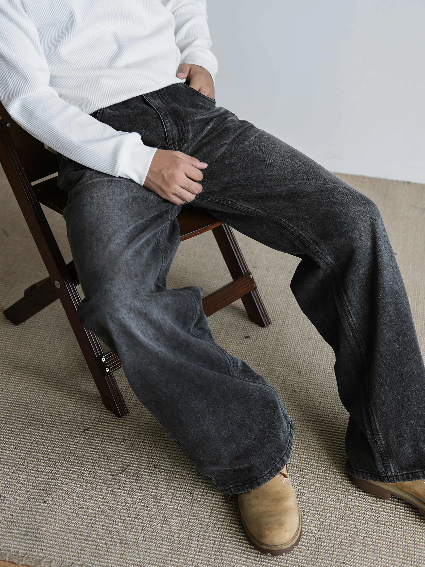 Men's Straight Retro Black Washed Jeans – Classic Cotton Trousers